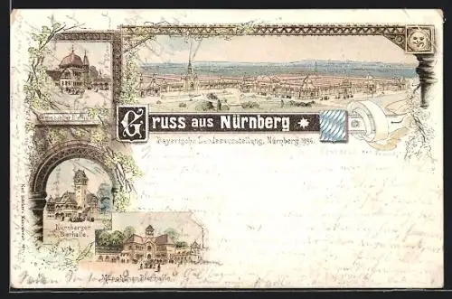 Lithographie Nürnberg, Bayerische Landesausstellung 1896, Gasthäuser Kulmbacher Bierhalle und Nürnberger Bierhalle