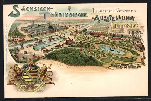 Lithographie Leipzig, Sächsisch-Thüringische Industrie- und Gewerbe-Ausstellung 1897, Gesamtansicht, Wappen, Um 1900