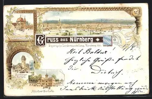 Lithographie Nürnberg, Bayer. Landesausstellng 1896, Ausstellungsgelände, Nürnberger Bierhalle, Münchener Bierhalle