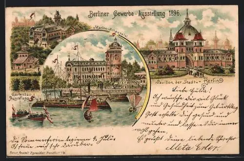 Lithographie Berlin, Gewerbe-Ausstellung 1896, Marine-Schauspiel, Pavillon der Stadt Berlin, Gartenbau-Ausstellung