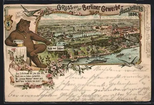 Lithographie Berlin, Gewerbe-Ausstellung 1896, Ausstellungsgelände und Berliner Bär