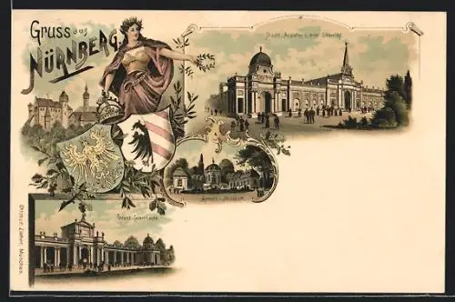 Lithographie Nürnberg, Bayerische Landes-Ausstellung 1896, Staatl.-Anstalten, Armee-MuseumWest-Collonade