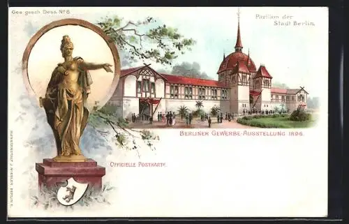 Lithographie Berlin, Gewerbe-Ausstellung 1896, Pavillon der Stadt Berlin, Goldstatue