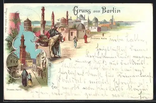 Lithographie Berlin, Gewerbe-Ausstellung 1896, Panorama Kairo & Strasse in Kairo