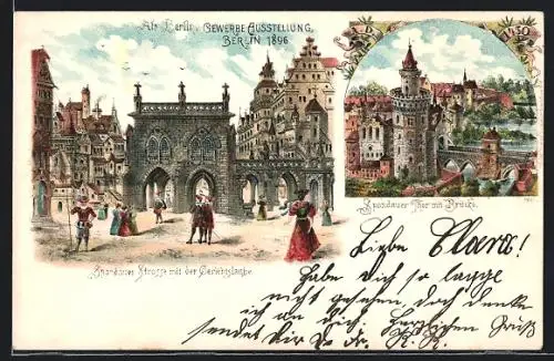 Lithographie Berlin, Gewerbe-Ausstellung 1896, Alt-Berlin, Spandauer Strasse mit Gerichtsplatz, Spandauer Thor mit Brücke