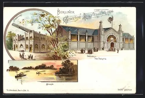 Lithographie Berlin, Gewerbe-Ausstellung 1896, Riesenfernrohr, Gebäude für Gas-Industrie