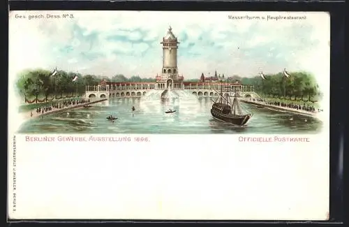 Lithographie Berlin-Treptow, Berliner Gewerbeausstellung 1896, Wasserturm und Hauptrestaurant