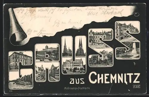 AK Chemnitz, Elf Ansichten aus der Stadt im Wort Gruss