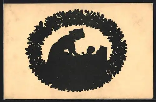 Künstler-AK Chemnitz, Margeritentag 1911, Mutter mit Kind im Blumenkranz, Schattenbild