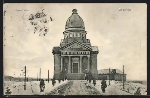 AK Chemnitz, Krematorium mit Zufahrt im Winter