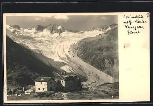 AK Berliner-Hütte, Berghütte mit Gr. Mösele und Waxeggkees im Zillertal
