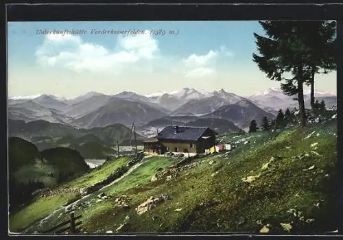 AK Unterkunftshütte Vorderkaiserfelden, Berghütte mit Panorama