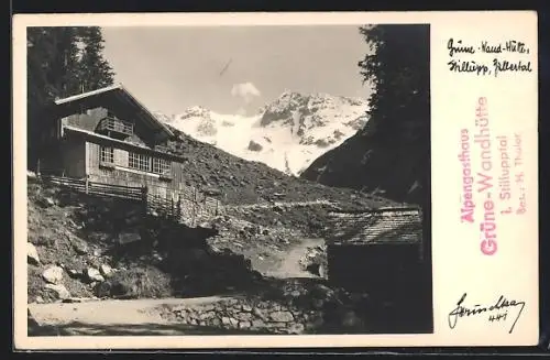 Foto-AK Hans Hruschka Nr. 447: Grüne Wand-Hütte im Zillertal