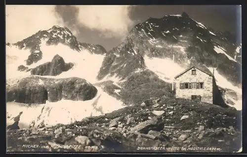 AK Darmstädter-Hütte, Berghütte mit Kuchen und Kuchelspitze im Moostale