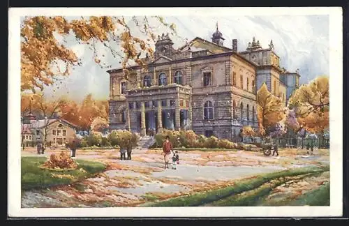 Künstler-AK Plzen, Sokolovna a pavilon dorostu