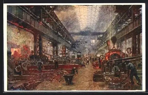 Künstler-AK Plzen, Skodovy Zavody, in der Fabrikhalle