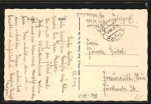 AK Kolin, Teilansicht mit Markt aus der Vogelschau