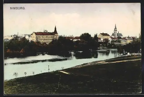 AK Nimburg, Uferpartie mit Kirche