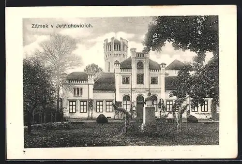 AK Jetrichovice, Gartenpartie mit Gebäudeansicht