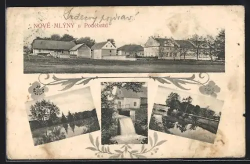 AK Nové Mlýny u Podebrad, Ortspartie, Wasserfall, Uferpartie