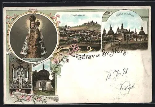 Lithographie Svatá Hora, Kloster, Chrám P. Marie, Hlavni oltar, Studánka