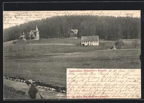 AK Rehefeld / Erzgeb., Ortspartie mit Jagdschloss Rehefeld