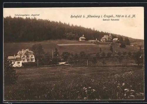 AK Rehefeld / Erzgeb., Ortsansicht mit Erholungsheim Jägerhof und Jagdschloss Rehefeld