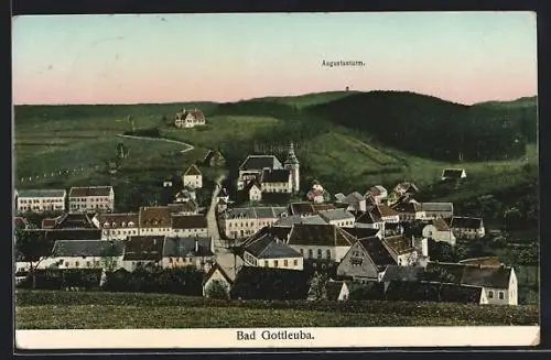 Goldfenster-AK Bad Gottleuba, Häuser mit leuchtenden Fenstern, Blick zum Augustusturm