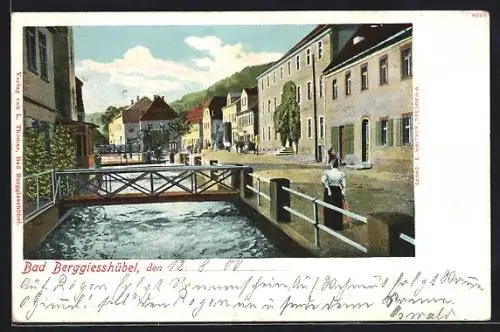 AK Bad Berggiesshübel, Flusspartie mit Brücke