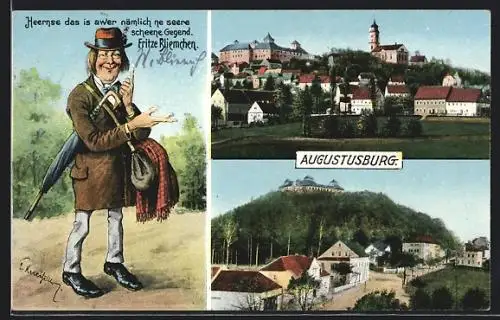 AK Augustusburg, Blick auf die Burg aus zwei Perspektiven