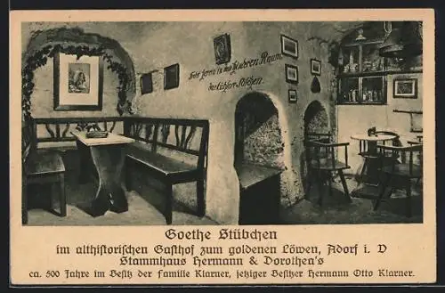 AK Adorf i. V., Gasthaus Goldner Löwe, Goethe-Stübchen, Innenansicht