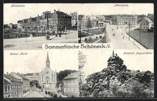 AK Schöneck i. V., Albertplatz, Unterer Markt, Friedrich August-Stein