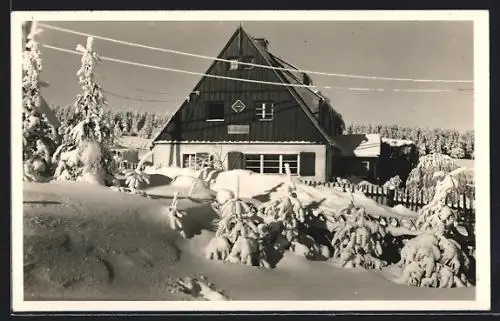 AK Zinnwald / Erzgeb., Jugendherberge im Winter