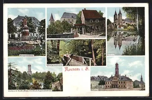 Lithographie Rochlitz, Schloss, Rathaus, Schlosstor