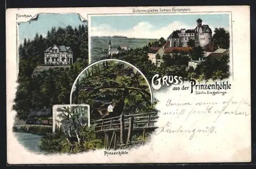 Lithographie Prinzenhöhle /Sa., Schönburgsches Schloss Hartenstein, Forsthaus, Prinzenhöhle