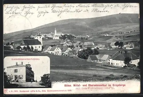 AK Oberwiesenthal / Erzgeb., Ortsansicht mit dem Fichtelberg und dem Unterkunftshaus auf dem Fichtelberg