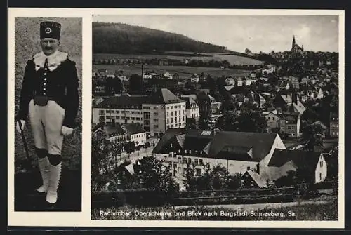 AK Oberschlema, Teilansicht mit Blick nach Bergstadt Schneeberg, Bergmann in Tracht