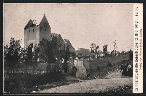 AK Sehlis, Erinnerung a. d. Katastrophe 12. Mai 1912, zerstörte Häuser