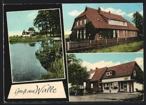AK Walle /Kr. Celle, Edeka-Geschäft, Wohnhaus, Teich