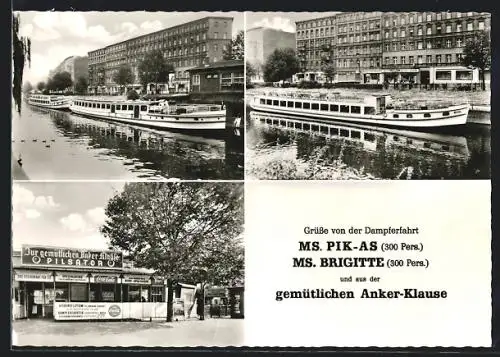 AK Berlin, Gasthaus Anker-Klause, Reederei Hans Liptow an der Kottbusser Brücke, Dampfer MS Pik-As und MS Brigitte