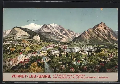 Künstler-AK Vernet-les-Bains, Vue Générale de l`Établissement Thermal, Canigou