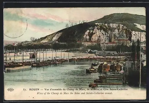 AK Rouen, Vue d`ensemble du Champ de Mars, de la Seine t Côte Sainte-Catherine