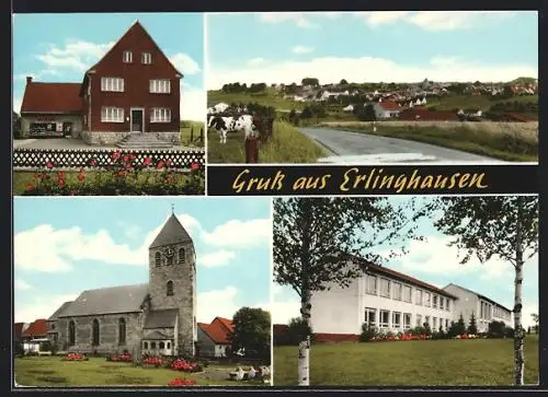 AK Erlinghausen / Marsberg, Gemischtwarenhandlung Else Meier, Kirche, Gesamtansicht