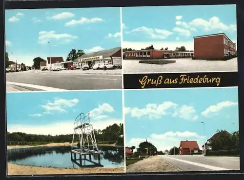 AK Friedeburg / Ostfriesl., Freibad, Supermarkt, Schule, Strassenansicht