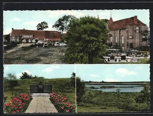 AK Kirchborgum, Gaststätte & Campingplatz Peter Memming, Kriegerdenkmal, See