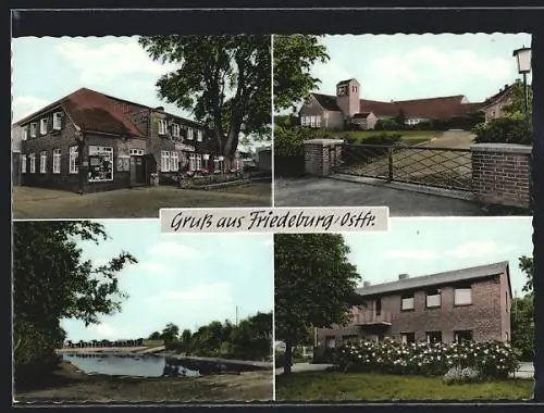 AK Friedeburg / Ostfriesl., Hotel Deutsches Haus, Inh. Peter Ricklets, See, Gebäudeansichten
