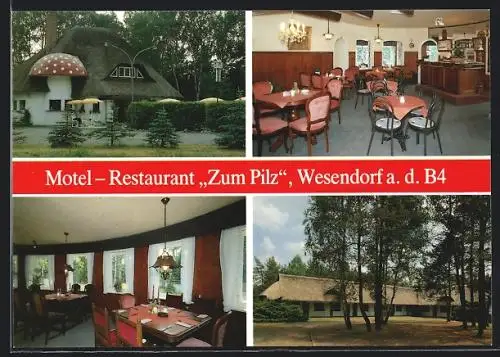 AK Wesendorf /Südheide, Motel-Restaurant Zum Pilz, Innen- und Aussenansicht mit Fliegenpilz