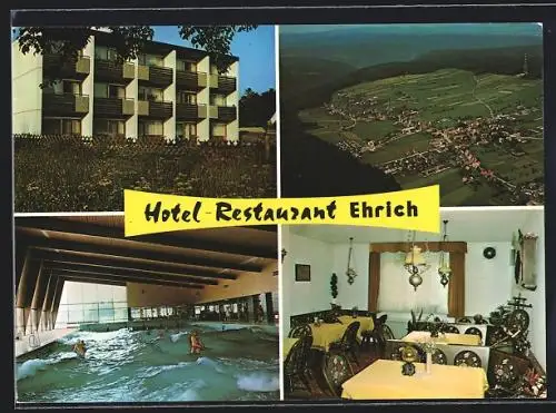 AK Schömberg-Langenbrand, Hotel-Restaurant-Café Ehrich mit Speisezimmer, Schwimmbad, Ortsansicht, Fliegeraufnahme