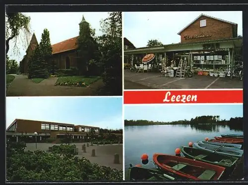 AK Leezen / Holst., Spar-Marktfiliale, Kirche mit Park, Schulgebäude, Seepartie