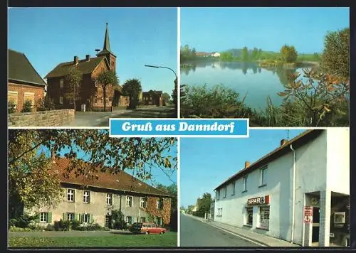 AK Danndorf / Niedersachsen, Blick nach der Kirche, Partie am See, Spar-Markt Schlieker